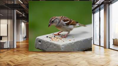 Small Bird Perched on Concrete Surface Pecking at Scattered Seeds with Delicate Brown and Cream Plumage, Subtle Black and Orange Wing Stripes, Exuding Alertness and Curiosity Wall mural