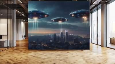 Three UFOs with lights in the night sky hovering over a Major City  Wall mural