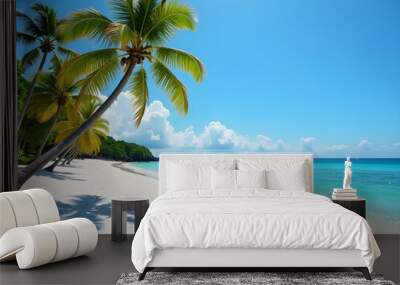 Tropical Beach Paradise with Powdery White Sand, Turquoise Waters, Lush Palm Trees, and Vibrant Blue Sky - Perfect for Travel, Tourism, and Relaxation Themes in Lifestyle Wall mural