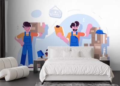 Cartoon loaders movers team Wall mural