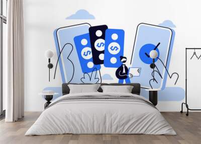 Payment transfer concept, flat tiny persons vector illustrations. Digital wallet Wall mural