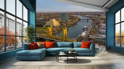 Aerial views of downtown Sacramento skyline and bridges. Wall mural