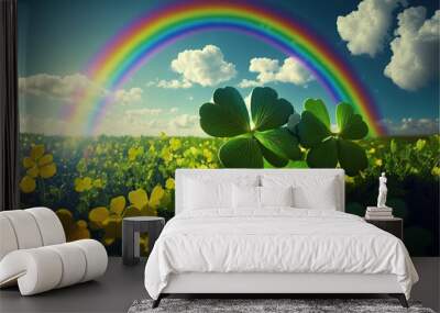 Clovers in a field of clovers with a rainbow — Generative AI Wall mural