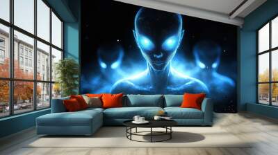 Illustration of glowing blue alien faces with bright eyes in a dark, mysterious atmosphere Wall mural