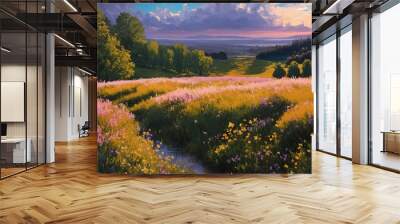 impressionist landscape oil painting of meadow with stream and woodland at sunrise, generative art Wall mural