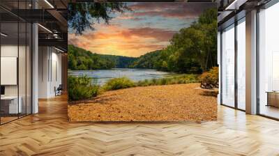 a gorgeous summer landscape along the Chattahoochee river with flowing river water surrounded by lush green trees, grass and plants with powerful clouds at sunset at Walton On The Chattahoochee Wall mural