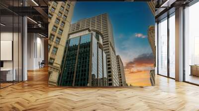 Tall brown stone office buildings and glass skyscrapers in the city skyline on an autumn day with powerful clouds at sunset in Chicago Illinois USA Wall mural