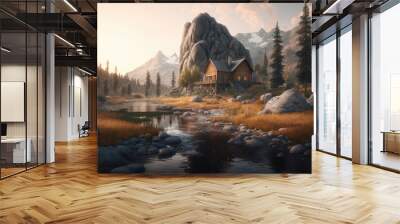 Moody cabin in the mountains alongside a river in the fall — Generative AI Wall mural