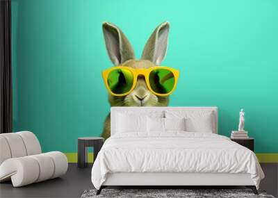 rabbit with yellow sunglasses on a green background Wall mural