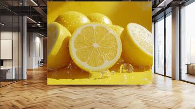 Lemons and Ice on Yellow Background Realistic Image Wall mural