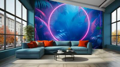 3D render, abstract background with neon circle and palm leaves on blue light. Glowing round frame in a tropical jungle landscape in the style of a tropical jungle. Wall mural