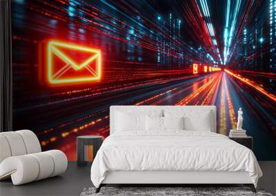 A dynamic tech digital illustration of a glowing online communication, wallpaper, and online communication background backdrop Wall mural