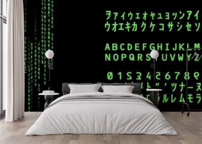 Alphabet, numbers and special characters for source code. VR typography for web projects. Rain of green glowing signs on black screen. Wallpaper graphic generated in illustrator. Hacking subject. Wall mural