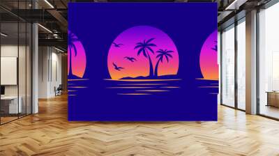 Beaches, palms and surfing. Miami California Hawaii design. 80s Old school tattoo vector art. Gradient Sunsets with sillhouettes | Vector Graphics for apparel t-shirt	
 Wall mural