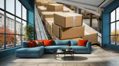 Boxes in warehouse traveling on delivery belt, storage, storage solution, logistics Wall mural