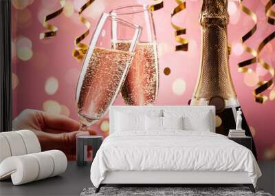 Champagne bottle and glasses with colorful background with confetti, celebration background with copy space, concept of celebration Wall mural