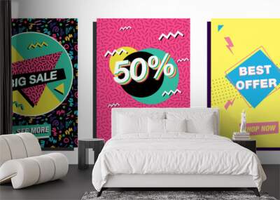 Collection of abstract vinatge illustrations. Set of graphics for flyers, poster, banners web. Discount, Sale, Black Friday, Clearance vector templates in 90's retro nostalgia style	 Wall mural