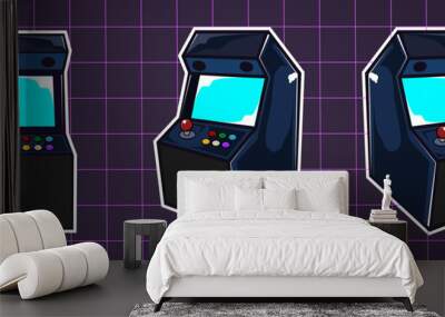 Collection of Arcade Video Game machines in cartoon style, vector graphics with 80s retro vintage vibes Wall mural