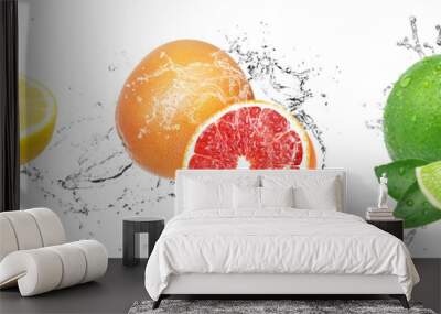 Fresh Fruits with water splash with drops on isolated white background. Lemon, Lime and Grapefruit. Explosion of fresh and juicy citrus fruits. Wall mural