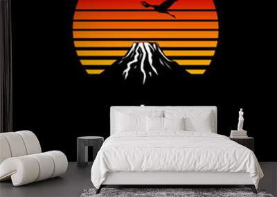 Japanese Artwork in Retro Synthwave style. Symbol of tokyo for apparel, clothes and print media. Sunset with cranes and mountain. Japan art print from 80's. Silhouette, monochromatic abstract design. Wall mural