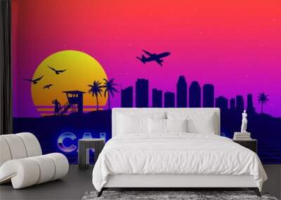 Los Angeles California USA Skyline Synthwave Vaporwave Retro Vactor Graphic Palms Wall mural