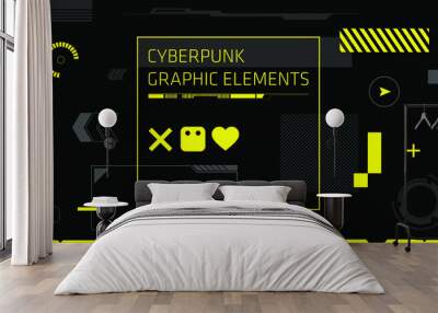 Modern technology abstract graphic with yellow elements and black background. Abstract high tech banner. Digital screen with HUD elements. Futuristic glitch illustration.  Wall mural