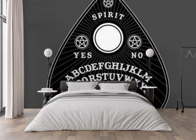 Ouija Board in Pointer shape for halloween party. Planchette play for calling souls and demons. Ghosts and demons calling game with gothic typography. Black and white symbols of moon ,sun, texts. Wall mural