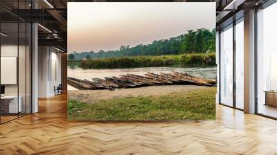 Boats made, carved from one piece of wood at the bank of the river in Chitwan National Park, Nepal. Wall mural