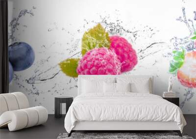 Render graphic with Blueberry, Strawberry and Raspberry. Picture with water drops, splashes and fruits. White isolated background crystal clear liquids. Wall mural