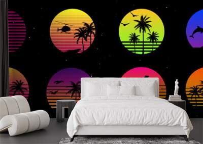 Retro sunset graphic collection. Landscape set with outrun vector elements. Illustration template in 80's style. Palm trees, vehicles, birds. Wall mural