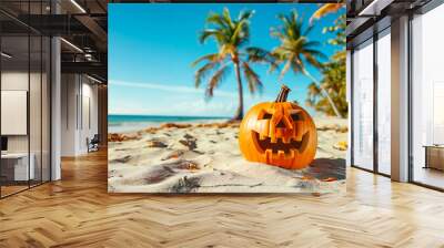 Tropical Halloween. Classic pumpkin on the beach. Blue sky, palm trees and yellow sand. Wall mural