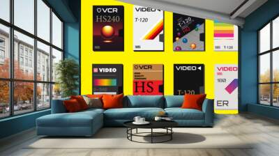 VHS Casette Vector Graphics and Collection of Video Covers. Abstract Blank Tape Boxes. Ready templates for stickers, flyers, posters. Movies from 80s and 90's. Synthwave vibes. Retro technology.  Wall mural