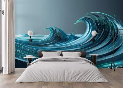 Waves made from binary code, concept of technology, abstract blue background Wall mural