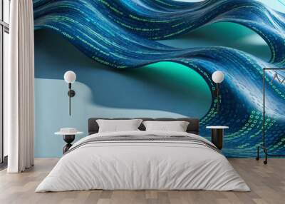 Waves made from binary code, concept of technology, abstract blue background Wall mural