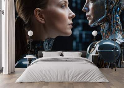 Woman and AI, concept of technology and humans, future of humanity and robotics Wall mural