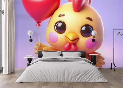 cute chicken holding love heart balloon cartoon ,3d Generative AI Wall mural