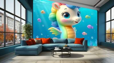 Cute seahorse unicorn swimming cartoon , 3d Generative AI Wall mural