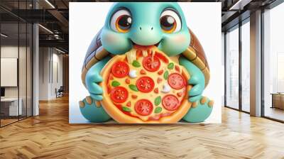 Cute Turtle Eating Pizza Cartoon , 3d  Generative aI Wall mural