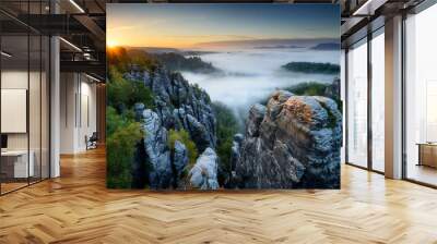 Foggy sunrise at Bastei, Saxon Switzerland, Germany Wall mural