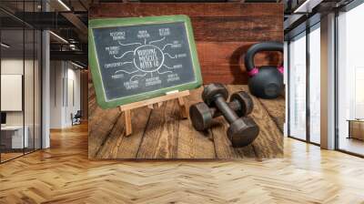 building muscle after 60 - infographics or mind map sketch on a blackboard with a kettlebell and dumbbells, senior health and fitness concept Wall mural