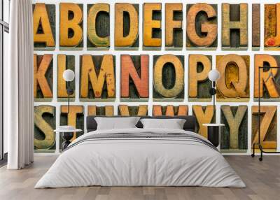 English alphabet in wood type isolated Wall mural