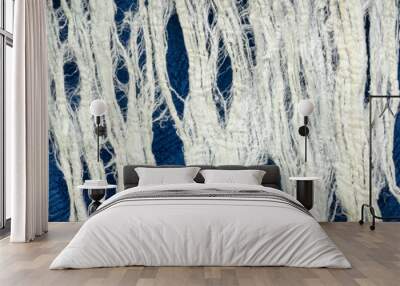 raw, white mulberry paper handmade in Thailand - background and texture of fibers against blue surface, panoramic banner Wall mural