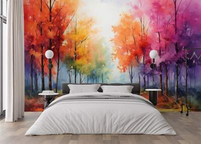 Vibrant watercolor landscape depicting a tunnel of colorful trees. Generative AI Wall mural