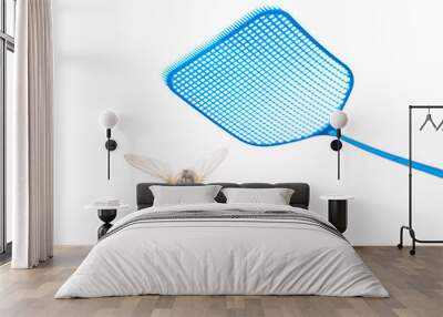 blue flyswatter attacking  a fly isolated on a white background, copy space Wall mural