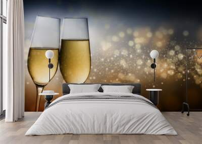 Happy New Year 2020, two champagne glass flutes toasting against a dark background with blurry bokeh lights, party concept in panoramic format with copy space Wall mural