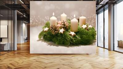 Second Advent - decorated Advent wreath from fir and evergreen branches with white burning candles, tradition in the time before Christmas, warm background with festive bokeh and copy space Wall mural