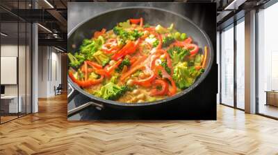 Steaming vegetable curry with chickpeas, broccoli and red bell pepper in coconut milk in a cooking pan on a black stove, healthy meals for a vegan low carb diet, copy space, selected focus Wall mural