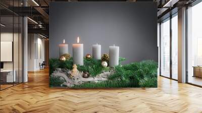 Two of four candles are burning for the second Advent on fir branches with Christmas decoration against a grey background, copy space Wall mural