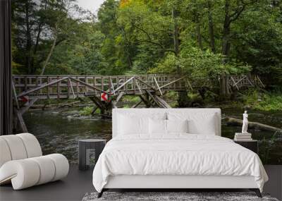 Wooden pedestrian bridge over the river in the Warnow and Milderitz breakthrough valley near Sternberg, Mecklenburg-Western Pomerania, Germany, selected focus Wall mural