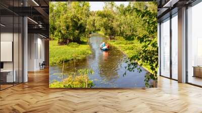 Beautiful tropical river in Asia with a boat among green nature Wall mural